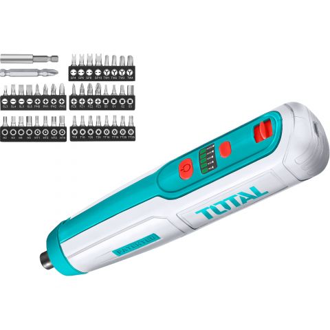 Total Mini aparafusadora sem fios, 4 V, carregamento USB, com conjunto de bits TOTAL Total Mini aparafusadora sem fios, 4 V, carregamento USB, com conjunto de bits TOTAL